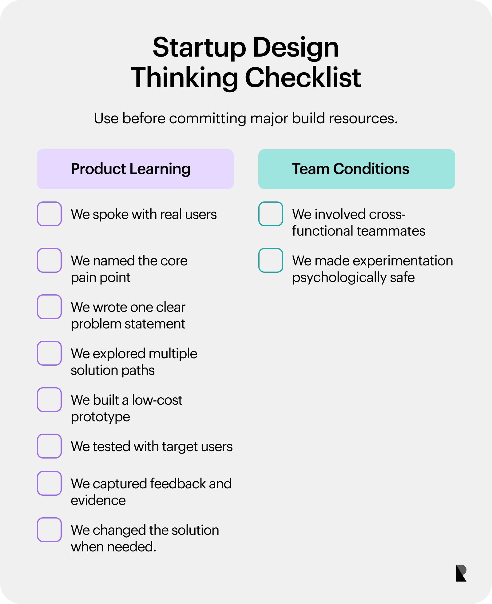 Checklist for user research, problem definition, prototyping, testing, collaboration, and experimentation.