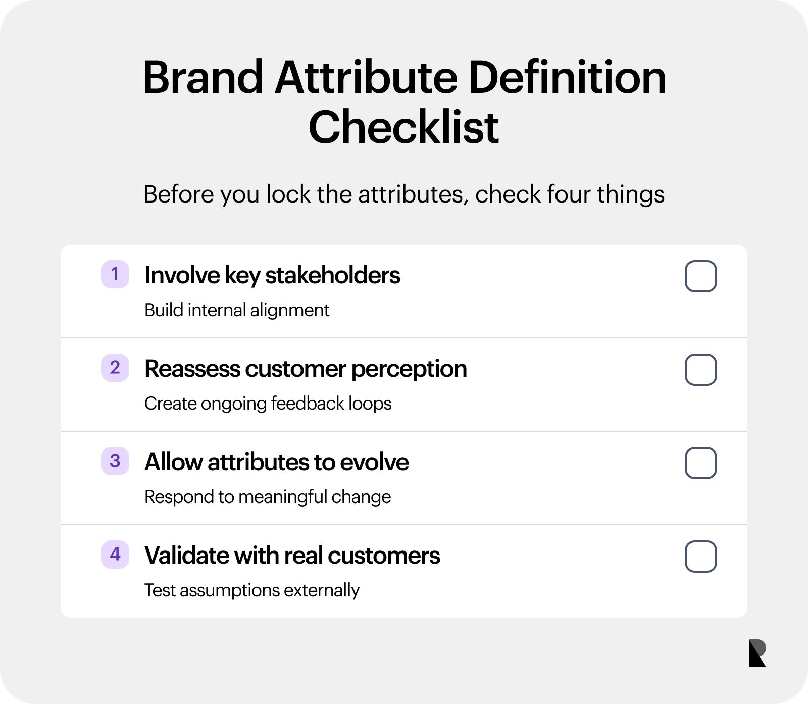 Four-item checklist for validating and maintaining brand attributes.