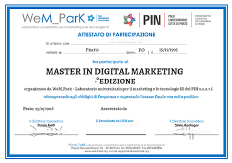 Attestato di Partecipazione Master in Digital Marketing