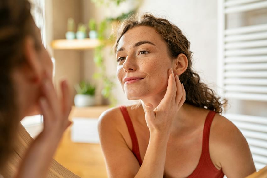 Woman looking into mirror at skin
