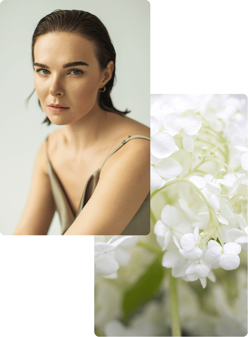Woman sitting | White flowers