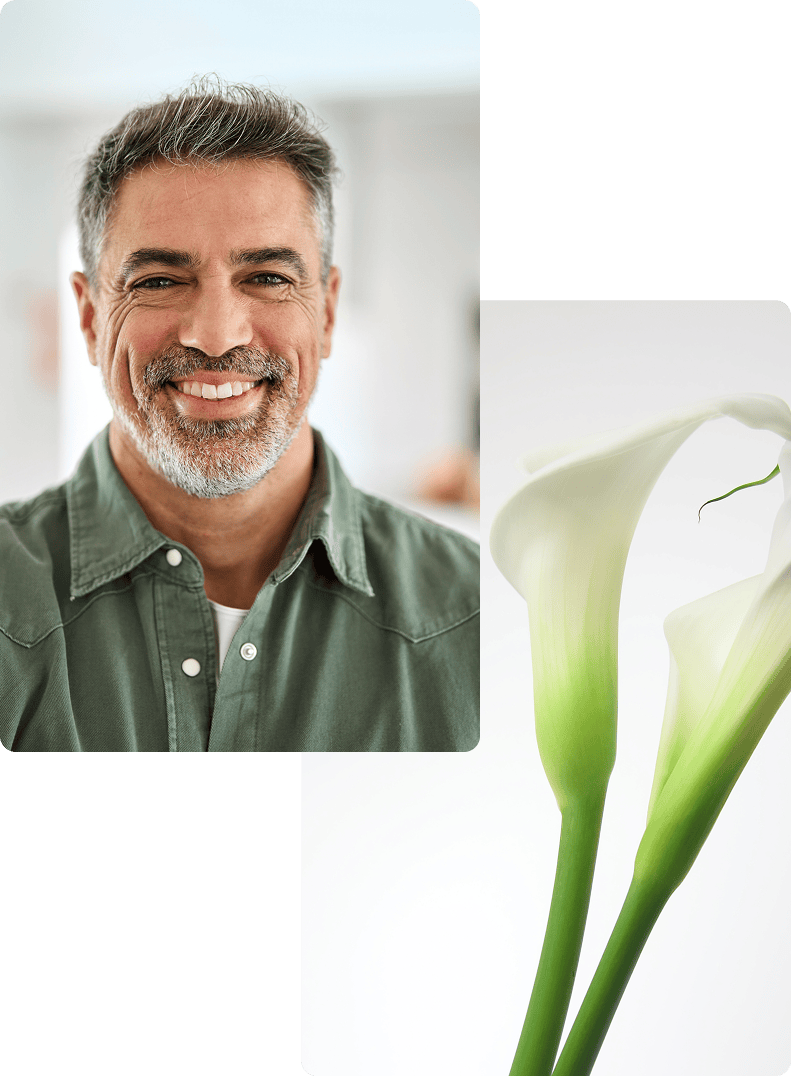 Man smiling | Green leaves