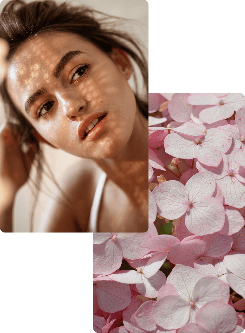 Woman resting head on hand Purple and white flowers