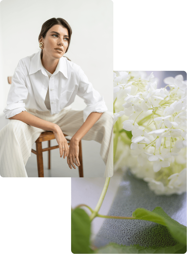 Woman sitting in a chair | white flowers