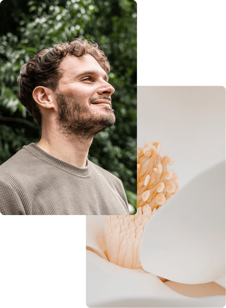 Man smiling | Tan flowers