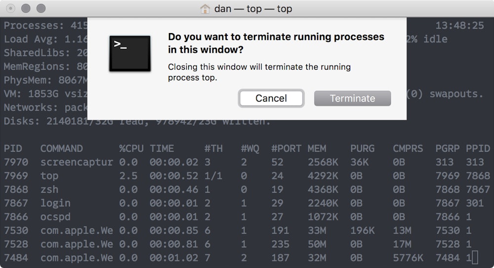 Terminal’s modal confirmation, shown when closing a window or tab with a running process.