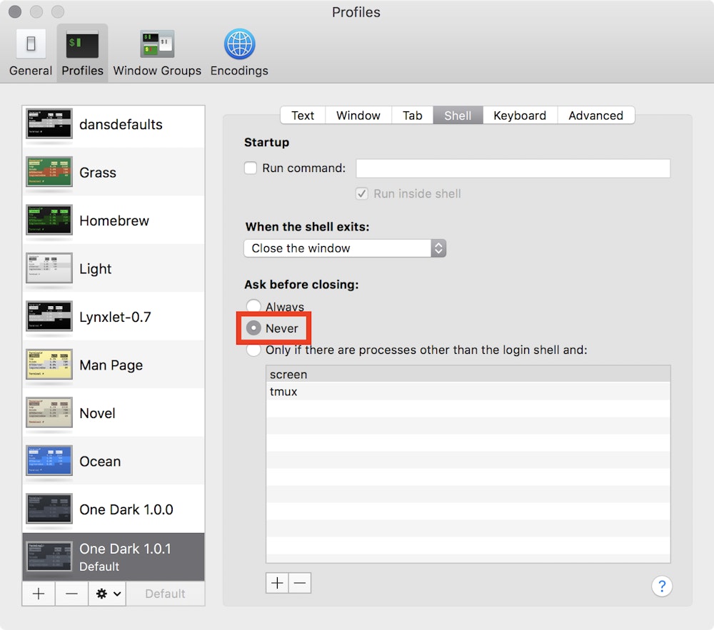 Terminal’s preference screen allowing customisation of which processes present a confirmation on window or tab close.