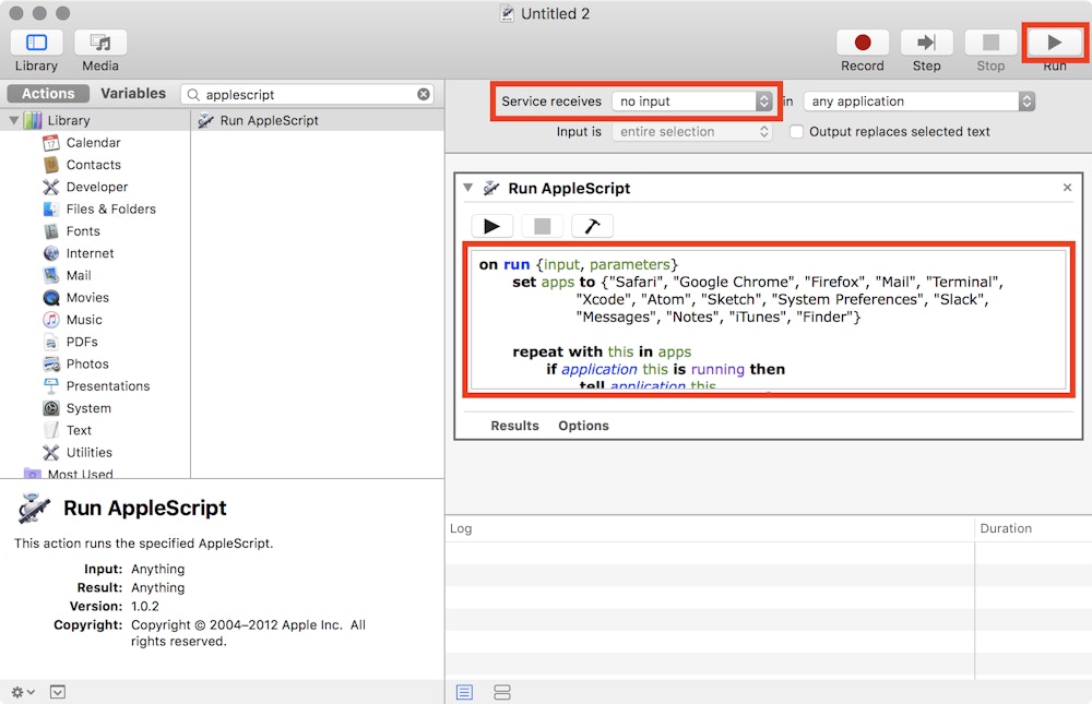 Adding a new AppleScript action to the Automator service.