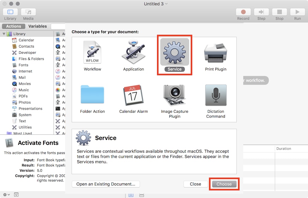 Creating a new service with Automator.