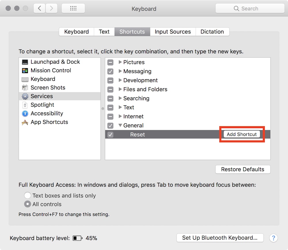 Adding a keyboard shortcut for the service in System Preferences.