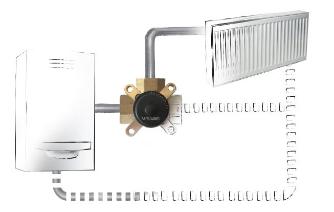 schemat ideowy zaworu 3 drogowego controlmix w instalacji z kotlem stalopalnym