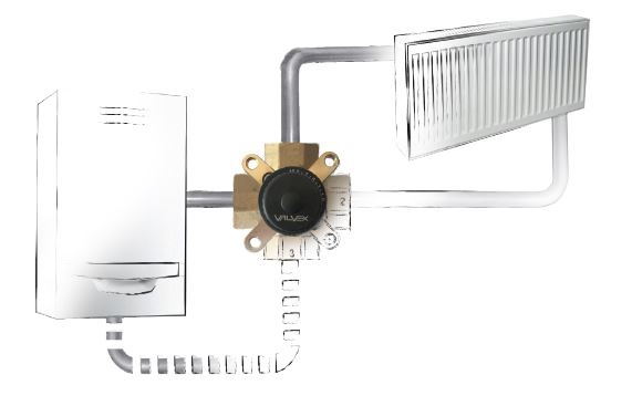 schemat ideowy zaworu 4 drogowego controlmix w instalacji z kotłem stałopalnym