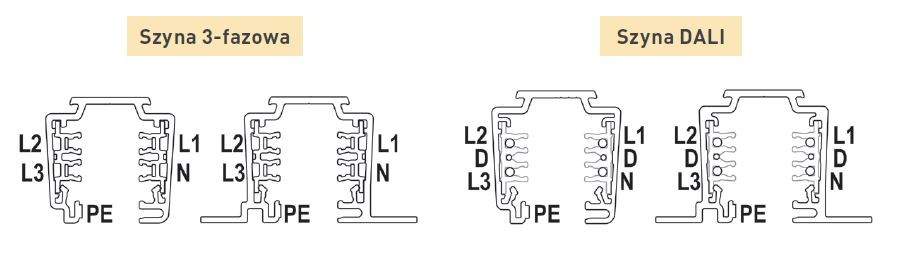 Schemat i przekrój szyny trójfazowej i szyny Dali
