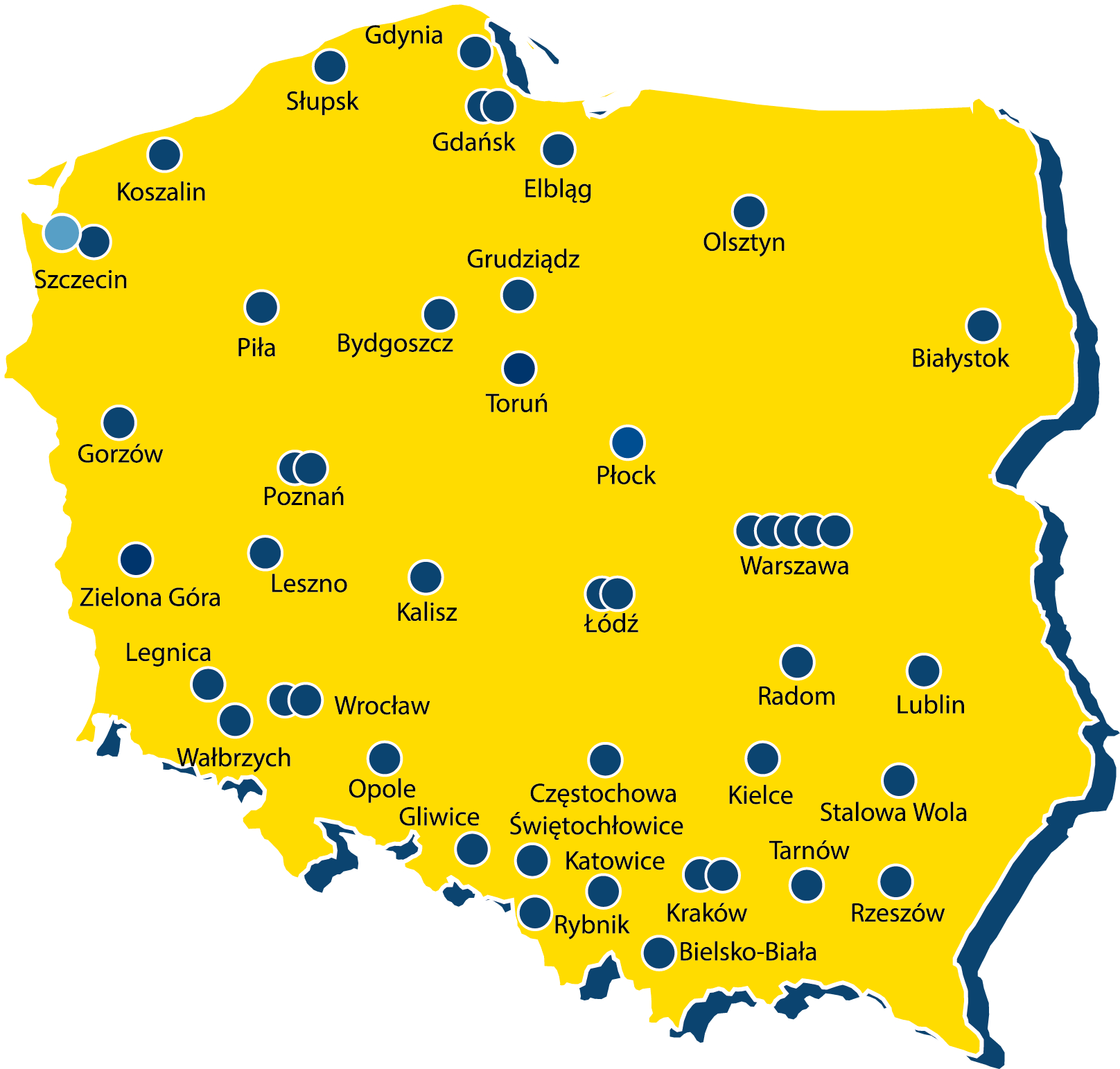 Mapa Polski z oddziałami wypożyczalni Ramirent