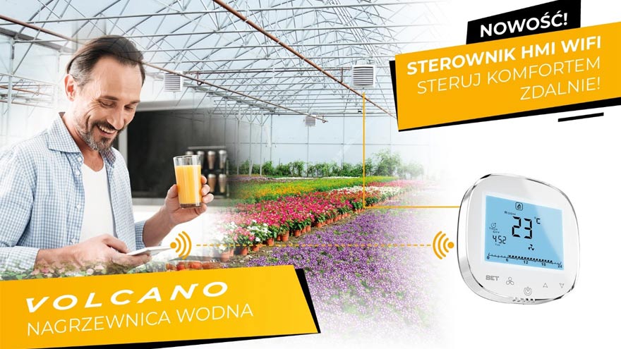 Nagrzewnica wodna Volcano w szklarni sterowana zdalnie