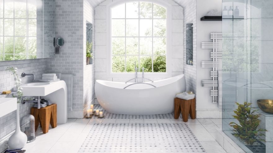 Modern white bathroom with shower and bathroom