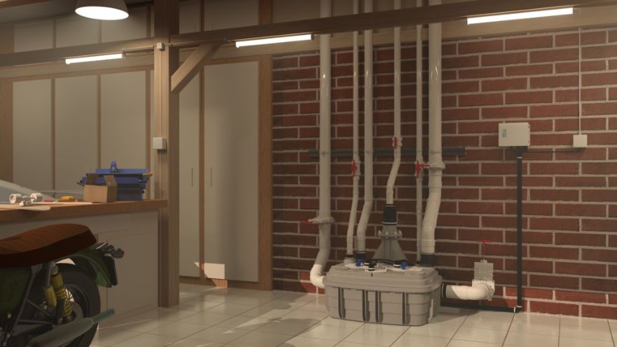 Čerpacia stanica odpadových vôd inštalovaná v technickej miestnosti (garáži) rodinného domu