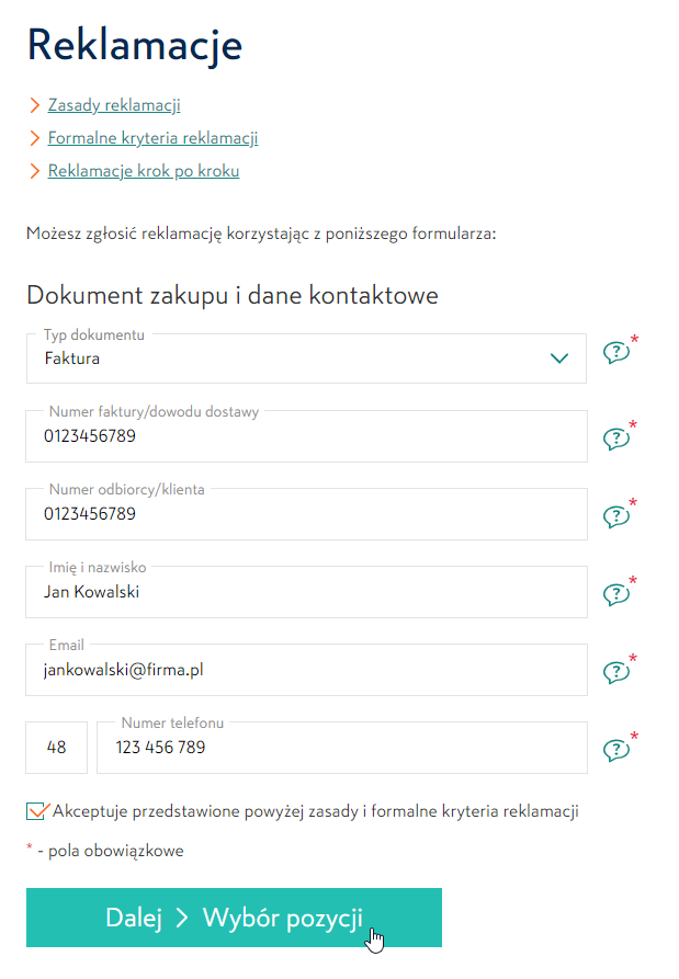 Zgłoś reklamację - formularz 1 krok