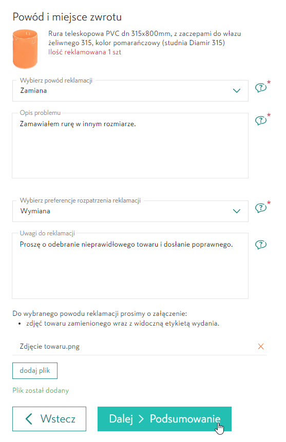Zgłoś reklamację - formularz 3 krok