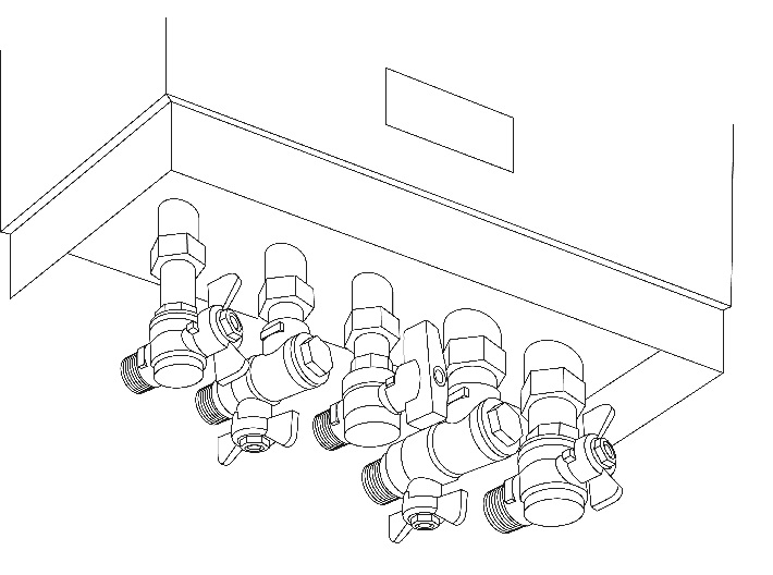 schemat podłączenia kotła gazowego z wykorzystaniem zaworów prostych wyposażonych dodatkowo w zawór spustowy