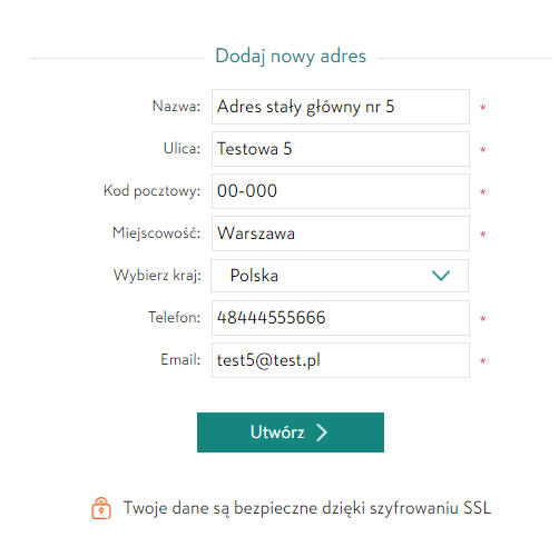 Okno do dodawania stałych adresów na onninen.pl