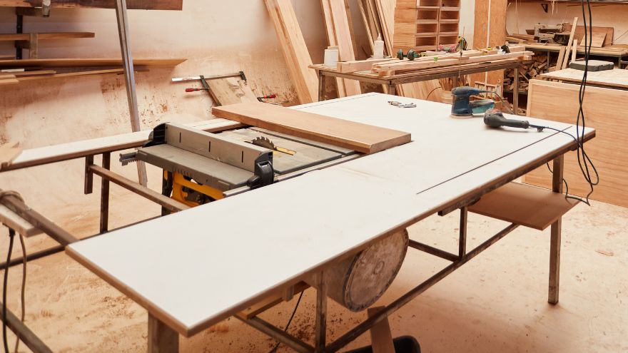 Drewniany stół z narzędziami w tartaku