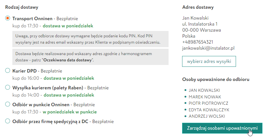 Osoby upoważnione - przycisk w koszyku