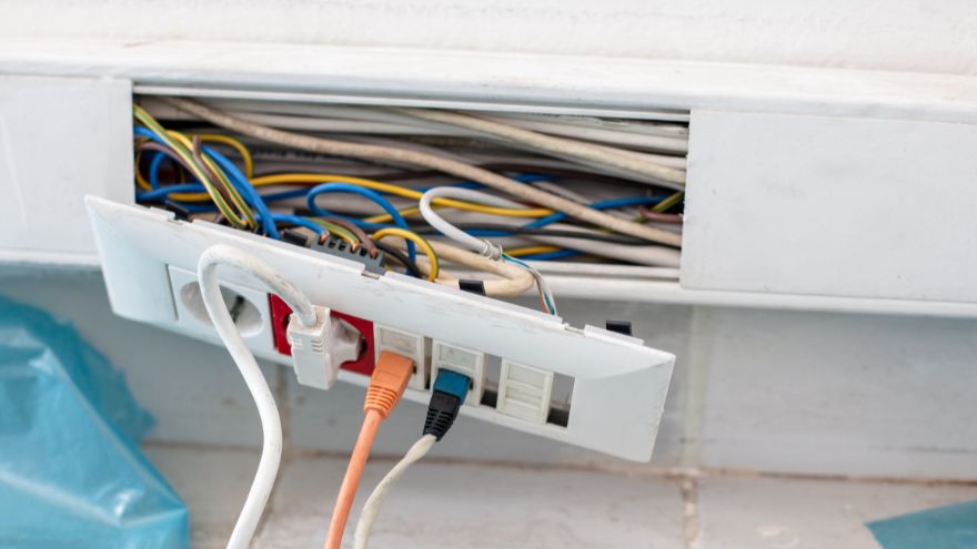 Biały kanał kablowy z przewodami w instalacji elektrycznej