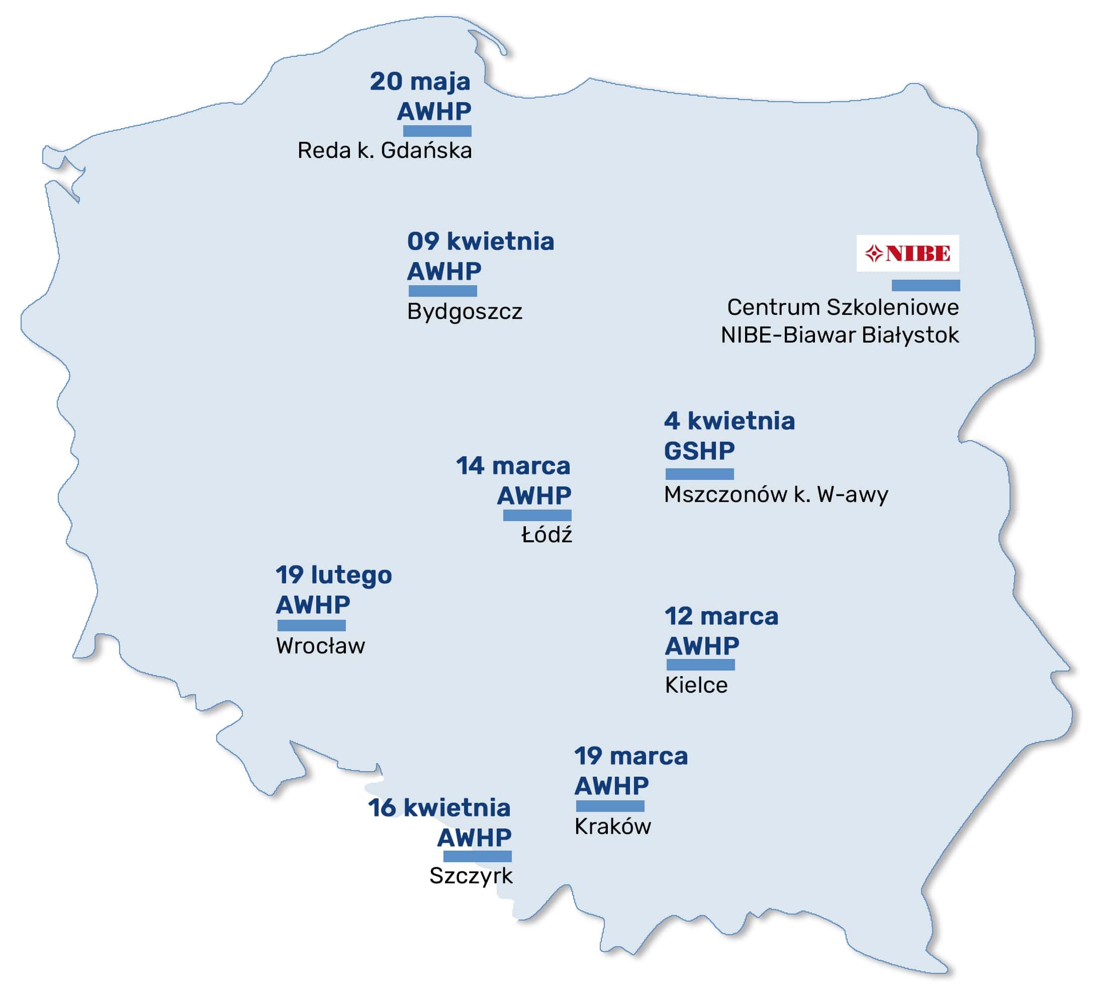 Mapa polski ze szkoleniami technicznymi od NIBE