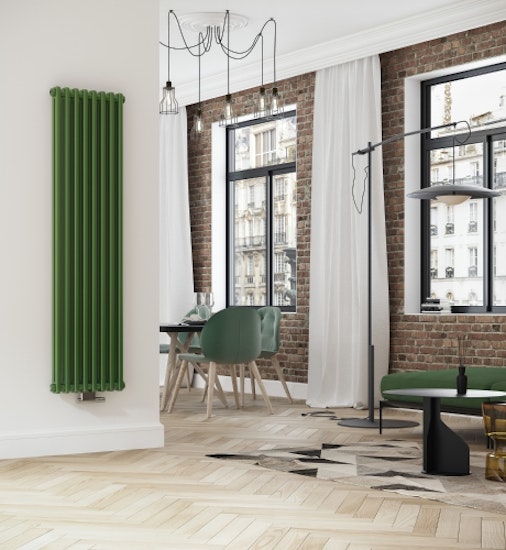 Zielony dekoracyjny grzejnik pionowy Purmo w stylowym salonie