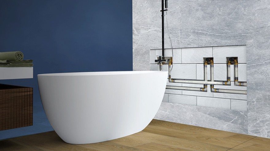 System ogrzewania wody KAN-therm ultraLINE w łazience z wanną wolnostojącą