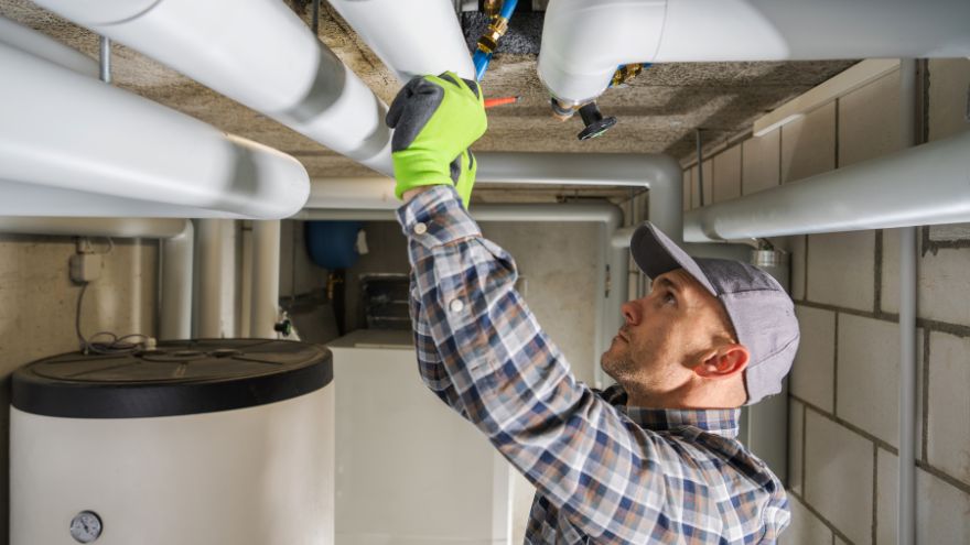 Instalator w kotłowni wymienia zaw&oacute;r dozujący w systemie grzewczym