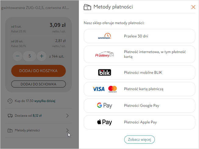 Nowa karta produktów - Metody płatności