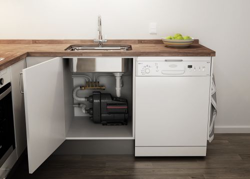 Kompaktowy hydrofor do domu Grundfos Scala2 pod zlewem w kuchni