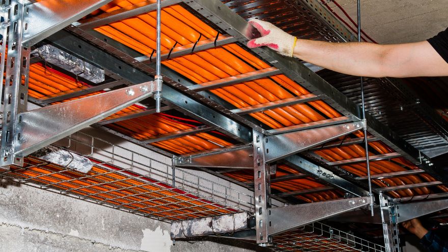 Instalator-elektryk układa przewody w korytkach kablowych do tras przewodów elektrycznych