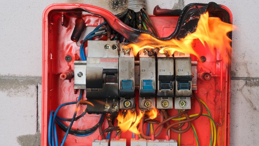 Płonąca rozdzielnica z bezpiecznikami w instalacji elektrycznej