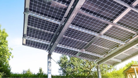 Moduły fotowoltaiczne na stelażu gruntowym do instalacji PV w ogrodzie