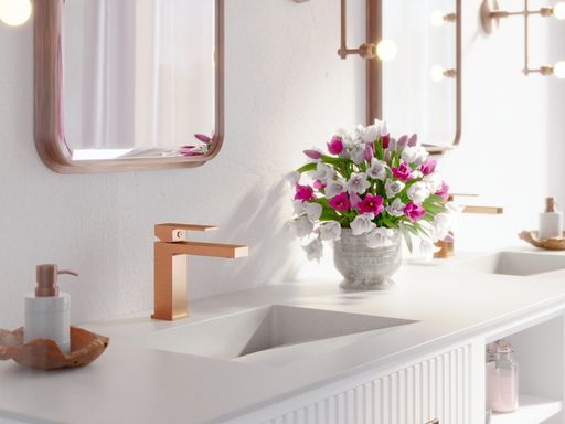 Bateria umywalkowa Valvex ARS Satin Copper w białej i jasnej łazience