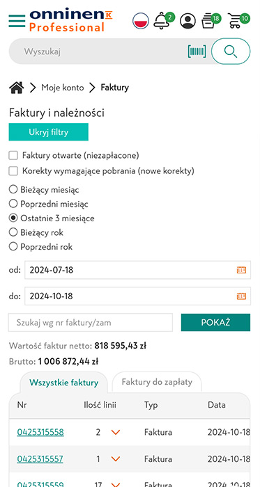 Aplikacja mobilna onninen.pl - 8. Faktury i płatności