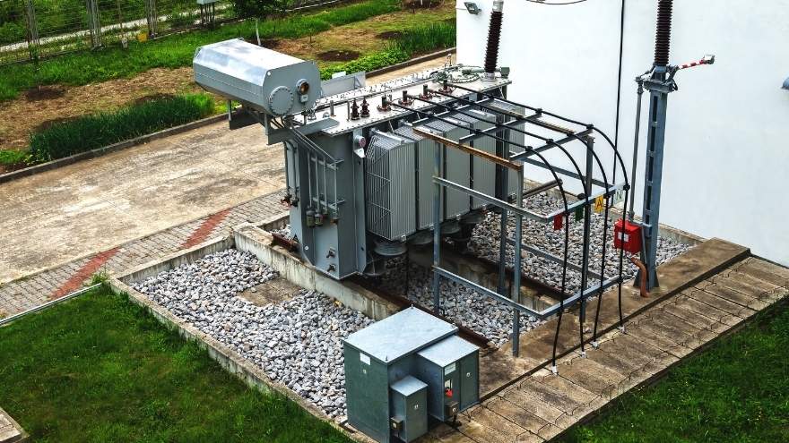 Transformator elektryczny podłączony od sieci energetycznej na dworzu