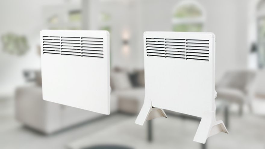 Grzejniki elektryczne panelowe Legrand na tle jasnego salonu