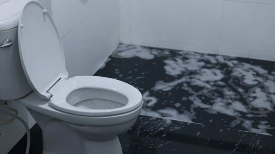 Kompakt WC w łazience z zalaną podłogą przez cofanie się ściek&oacute;w