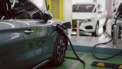 Samochód elektryczny podłączony do Wallboxa sieci ładowania w galerii handlowej