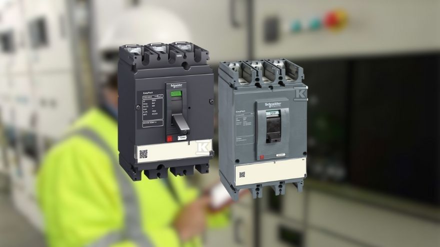 Kompaktowe wyłączniki do obwod&oacute;w elektryczny Schneider Electric CVS na rozmazanym tle