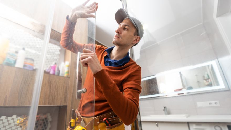 Instalator hydraulik montuje szybę kabiny prysznicowej bez brodzika w łazience