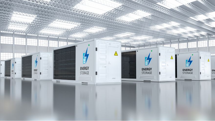Magazyny energii ustawione w oświetlonej hali
