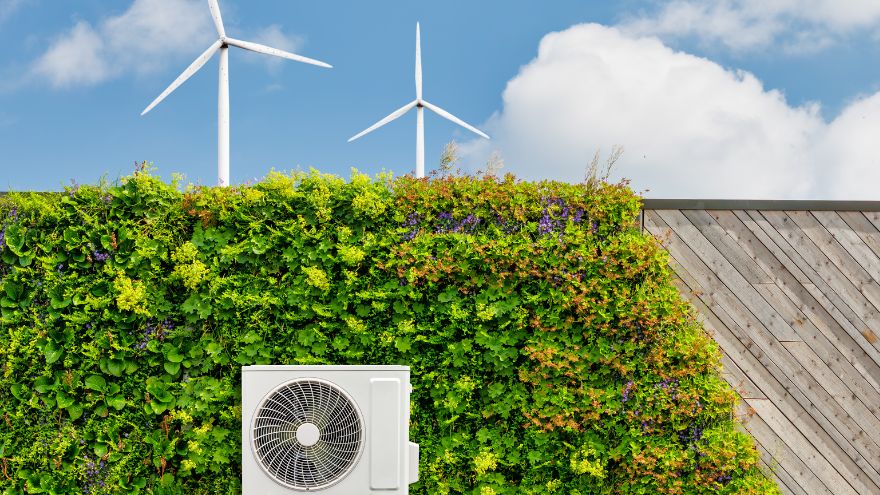 Повітряний тепловий насос на фоні вітряків