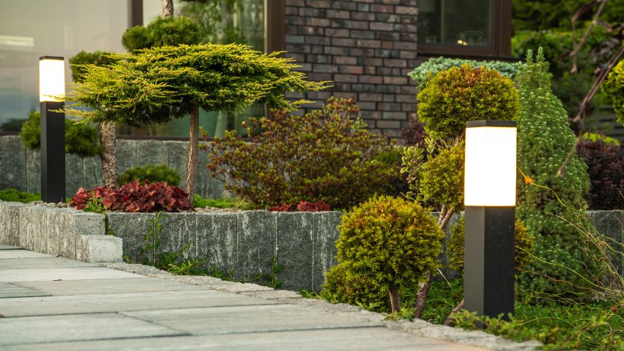Садові світильники на фоні кущів