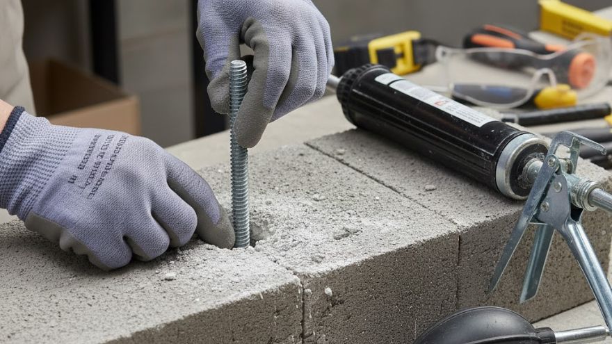 Ręce w rękawiczkach osadzające kotwę chemiczną w betonie