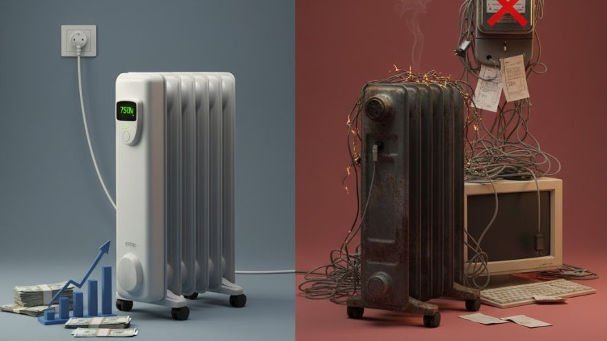 Білий масляний електричний обігрівач на колесах у приміщенні